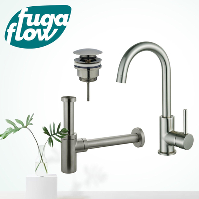 FugaFlow Eccelente Sobrado Kit robinet lavabo - robinet haut - bec rotatif - bonde clic clac - siphon design - Inox brossé PVD