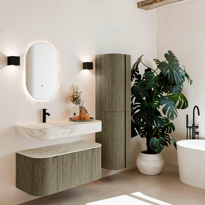 MONDIAZ THOR-DLUX 100cm meuble de salle de bains arrondi gauche + droite couleur Shadow avec 1 tiroir et 2 portes. Vasque suspendue CLOUD gauche 1 trou de robinet couleur Ostra.