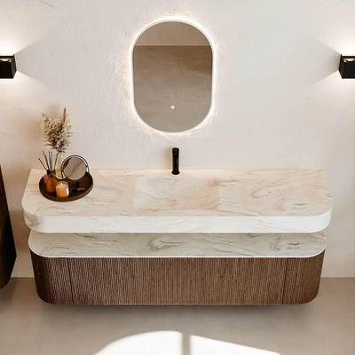 MONDIAZ THOR-DLUX 180cm meuble de salle de bains arrondi gauche + droite couleur Walnut avec 2 tiroirs et 2 portes. Vasque suspendue CLOUD Milieu 1 trou de robinet couleur Ostra.