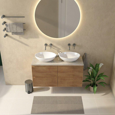 Saniclass Holz Atelier Ensemble meuble de salle de bains - 120x45x63cm - Plan de travail en pierre naturelle travertin - sans trou de robinet - 2 tiroirs - chêne natural mat (bois)