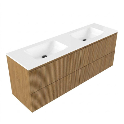 Saniclass Holz Atelier Ensemble meuble de salle de bains - 160x45x77.5cm - vasque Torino en solid surface blanc - sans trou de robinetterie - 4 tiroirs - chêne natural mat (bois)