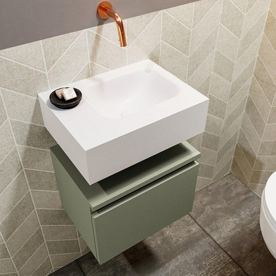 MONDIAZ ANDOR Meuble WC - 40x30x30cm - 0 trous de robinet - 1 tiroir - army mat - vasque à droite - Solid surface - Blanc