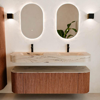 MONDIAZ THOR-DLUX 150cm meuble de salle de bains arrondi gauche + droite couleur Ruby avec 1 tiroir et 2 portes. Vasque suspendue CLOUD Double 2 trous de robinet couleur Arena.