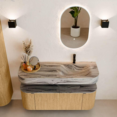 MONDIAZ THOR-DLUX 130cm badmeubel ronding links + rechts kleur Oak met 1 lade en 2 deuren. Vrijhangende wastafel CLOUD Rechts 1 kraangat kleur Sombra.