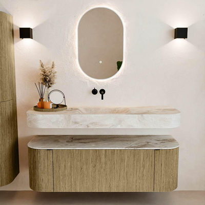 MONDIAZ THOR-DLUX Meuble de salle de bains - 140cm - arrondi gauche + droite - couleur Dusk - 1 tiroir - 2 portes - Vasque suspendue CLOUD Milieu sans trou de robinet - couleur Frappe