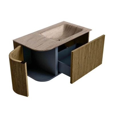 MONDIAZ KURVE-DLUX Meuble de salle de bains 85cm arrondi à gauche couleur Dusk avec 1 tiroir et 1 porte. Lavabo CLOUD à droite sans trou de robinet Saba.
