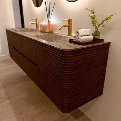 Mondiaz CIRO-DLUX Badkamermeubelset - 180x45x50cm - Solid surface wastafel Oza - 2 wasbak Dubbel - 2 kraangaten - 4 lades - Ruby