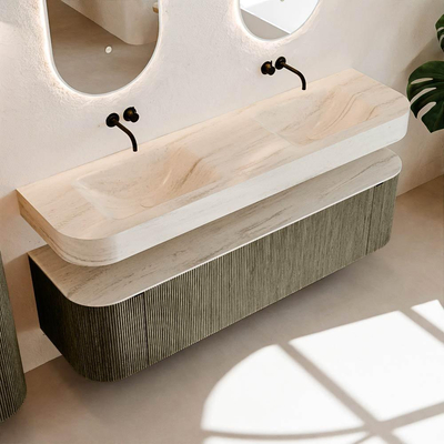 MONDIAZ THOR-DLUX Meuble de salle de bains - 170cm - arrondi gauche + droite - couleur Shadow - 1 tiroir - 2 portes - Vasque suspendue CLOUD Double sans trou de robinet - couleur Meli