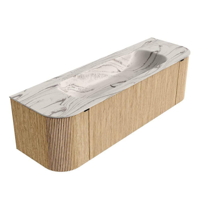 MONDIAZ KURVE-DLUX Meuble de salle de bains 150cm arrondi Gauche + Droite couleur Chêne avec 1 tiroir et 2 portes. Lavabo BIG MEDIUM Central 1 trou de robinet Nata.