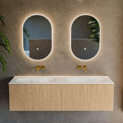 MONDIAZ KURVE-DLUX Meuble de salle de bains 150 cm couleur Oak avec 2 tiroirs. Lavabo STOR SMALL double sans trou de robinet couleur Opalo.