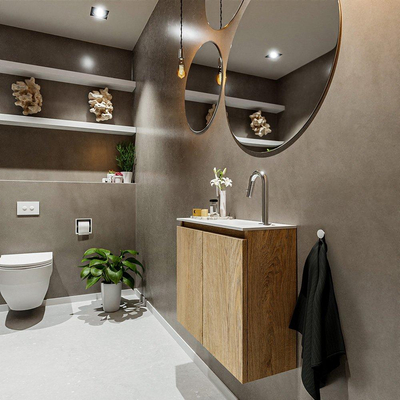 MONDIAZ TURE Kit lave-mains - 60x23x50cm - 1 trou de robinet - 2 portes - chêne blanchi mat - Lavabo à droite - Solid Surface Blanc
