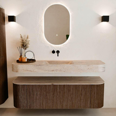 MONDIAZ THOR-DLUX 150cm badmeubel ronding links + rechts kleur Walnut met 1 lade en 2 deuren. Vrijhangende wastafel CLOUD Midden zonder kraangat kleur Saba.