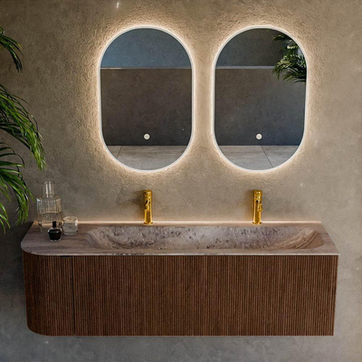 MONDIAZ KURVE-DLUX 145cm badmeubel ronding Links kleur Walnut met 1 lade en 1 deur. Wastafel BIG LARGE Rechts 2 kraangaten Oza.