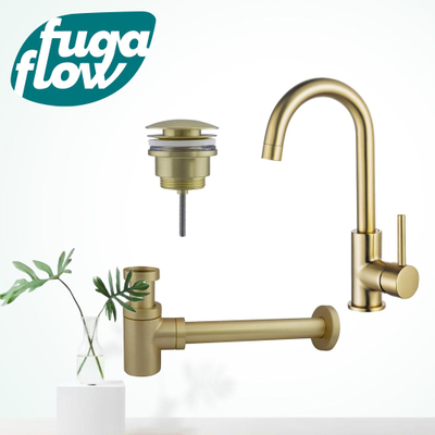 FugaFlow Eccelente Sobrado Kit robinet lavabo - robinet haut - bec rotatif - bonde clic clac - siphon design bas - Laiton brossé PVD