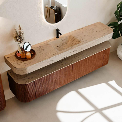 MONDIAZ THOR-DLUX 200cm meuble de salle de bains arrondi gauche + droite couleur Ruby avec 2 tiroirs et 2 portes. Vasque suspendue CLOUD Milieu 1 trou de robinet couleur Arena.