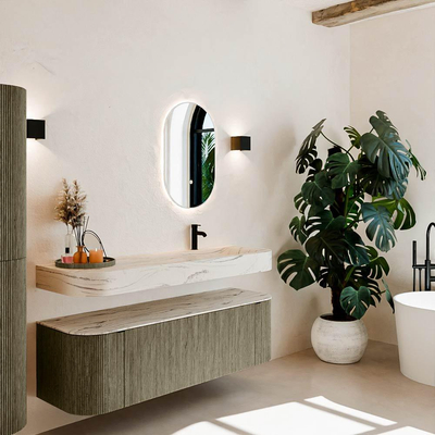 MONDIAZ THOR-DLUX 150cm meuble de salle de bains arrondi gauche + droite couleur Shadow avec 1 tiroir et 2 portes. Vasque suspendue CLOUD Droite 1 trou de robinet couleur Nata.