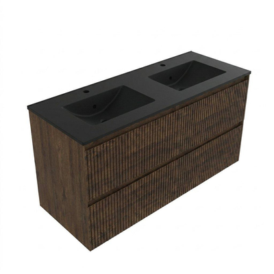 Saniclass Holz Atelier Ensemble de meubles de salle de bains - 120x45x62cm - Lavabo Vygo en céramique noir - 2 vasques - 2 trous de robinet - 2 tiroirs - chêne charcoal mat (bois)
