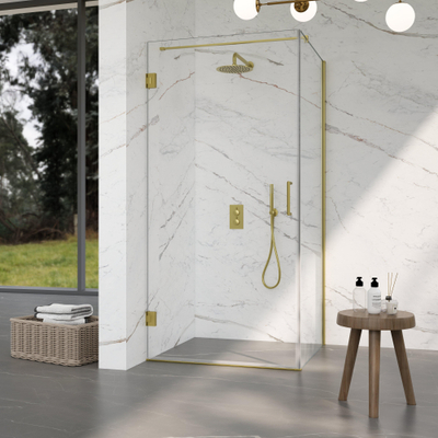 Fortifura Galeria Cabine de douche - 90x120x200cm - charnières - poignée de porte - barre de stabilisation - plat - verre de sécurité transparent - Laiton brossé PVD (Or)