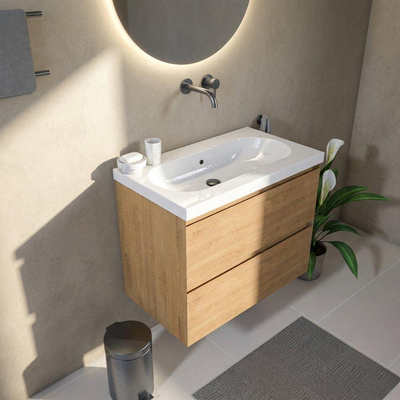 Saniclass Holz Pure Ensemble meuble de salle de bains - 80x45x63.5cm - lavabo Palermo en céramique blanc - 1 vasque - sans trou de robinetterie - 2 tiroirs - chêne naturel mat (bois)