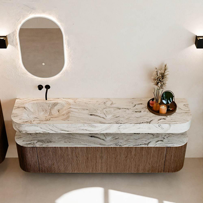 MONDIAZ THOR-DLUX 190cm badmeubel ronding links + rechts kleur Walnut met 2 lades en 2 deuren. Vrijhangende wastafel CLOUD Links zonder kraangat kleur Glace.