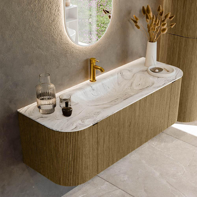 Mondiaz KURVE-DLUX Ensemble de meubles de salle de bains - 130x46x40cm - 1 tiroir - 2 portes - lavabo solid surface - central - 1 trou de robinet - Dusk