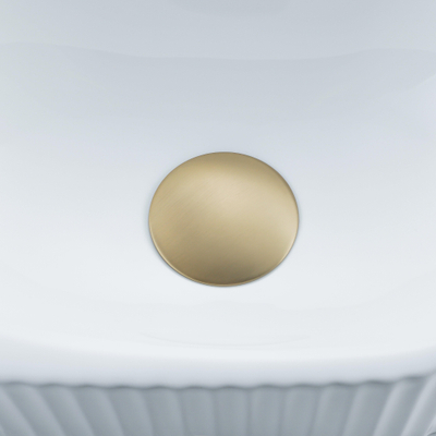 QeramiQ Fuente Ensemble de Lavabo - 40x21.5x12cm - strié - demi-rond - céramique - ensemble de robinet en laiton brossé - bouchon de vidange - siphon réduit - blanc brillant