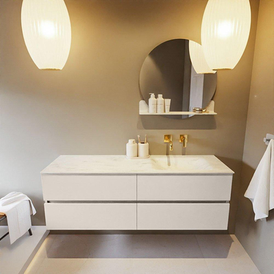 Mondiaz VICA-DLUX ensemble de meuble de salle de bain - 150cm - meuble sous-vasque lin - 4 tiroirs - lavabo encastré cloud droite - sans trous de robinet - version haute de 60cm - opalo