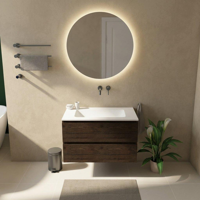 Saniclass Holz Pure Ensemble de meubles de salle de bains - 100x45x77.5cm - lavabo Torino en solid surface blanc - sans trou de robinetterie - 2 tiroirs - chêne charcoal mat (bois)