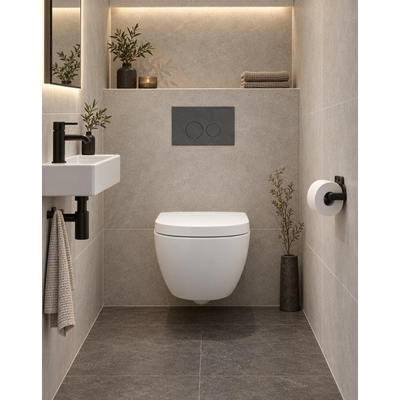 QeramiQ Dely Swirl Compact Toiletset - inbouwreservoir Geberit UP320 - met Burda frame - 25mm zitting - natuurstenen bedieningsplaat marmer donker - ronde knoppen - mat wit
