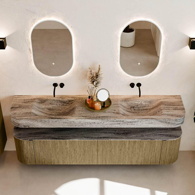 MONDIAZ THOR-DLUX 200cm meuble de salle de bains arrondi gauche + droite couleur Dusk avec 2 tiroirs et 2 portes. Vasque suspendue CLOUD Double sans trou de robinet couleur Oza.