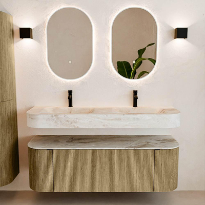 MONDIAZ THOR-DLUX 140cm meuble de salle de bains arrondi gauche + droite couleur Dusk avec 1 tiroir et 2 portes. Vasque suspendue CLOUD Double 2 trous de robinet couleur Frappe.