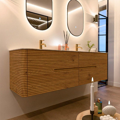 Mondiaz CIRO-DLUX Badkamermeubelset - 170x45x50cm - Solid surface wastafel Frappe - 2 wasbak Dubbel - 2 kraangaten - 4 lades - Oak
