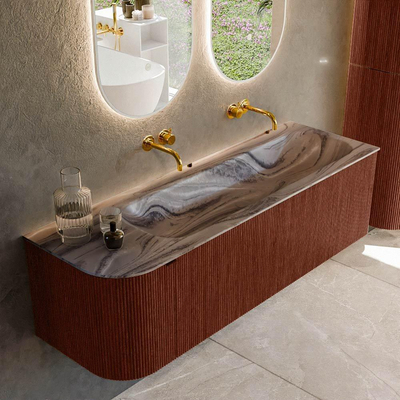 MONDIAZ KURVE-DLUX Meuble de salle de bains 145cm arrondi à gauche couleur Ruby avec 1 tiroir et 1 porte. Lavabo BIG LARGE à droite sans trou de robinet Sombra.
