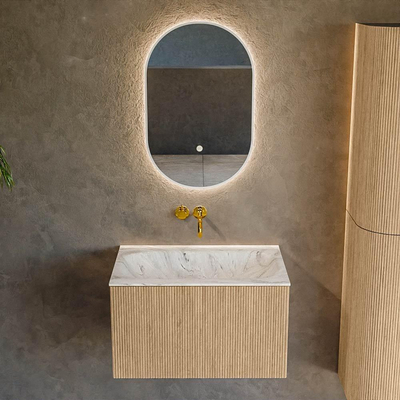 MONDIAZ KURVE-DLUX Meuble de salle de bains 70 cm couleur Oak avec 1 tiroir. Lavabo BIG SMALL centré sans trou de robinet couleur Glace.
