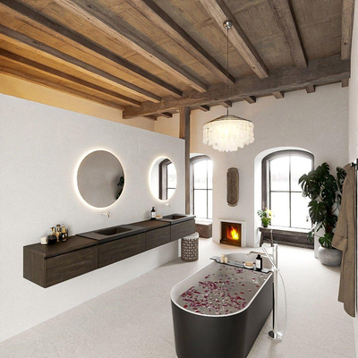 MONDIAZ BUKLA 280cm ensemble de meuble avec module 60 à droite couleur Marron Foncé avec 4 tiroirs. Lavabo CLOUD double 0 trou de robinet couleur Urban.