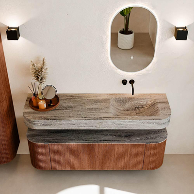 MONDIAZ THOR-DLUX 150cm meuble de salle de bains arrondi gauche + droite couleur Ruby avec 1 tiroir et 2 portes. Vasque suspendue CLOUD droite sans trou de robinet couleur Oza.