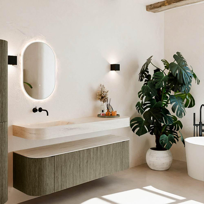 MONDIAZ THOR-DLUX 160cm meuble de salle de bains arrondi gauche + droite couleur Shadow avec 1 tiroir et 2 portes. Vasque suspendue CLOUD Gauche sans trou de robinet couleur Meli.