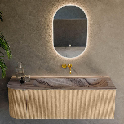 MONDIAZ KURVE-DLUX 135cm badmeubel ronding Links kleur Oak met 1 lade en 1 deur. Wastafel BIG MEDIUM Rechts zonder kraangat Sombra.