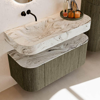 MONDIAZ THOR-DLUX 110cm meuble de salle de bains arrondi gauche + droite couleur Shadow avec 1 tiroir et 2 portes. Vasque suspendue CLOUD Gauche sans trou de robinet couleur Glace.