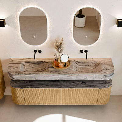 MONDIAZ THOR-DLUX 180cm badmeubel ronding links + rechts kleur Oak met 2 lades en 2 deuren. Vrijhangende wastafel CLOUD Dubbel zonder kraangat kleur Sombra.