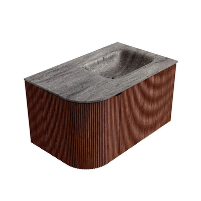 MONDIAZ KURVE-DLUX Meuble de salle de bains 75cm arrondi à gauche couleur Ruby avec 1 tiroir et 1 porte. Lavabo GRUNNE à droite 1 trou de robinet Oza.