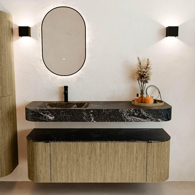 MONDIAZ THOR-DLUX 140cm meuble de salle de bains arrondi gauche + droite couleur Dusk avec 1 tiroir et 2 portes. Vasque suspendue CLOUD Gauche 1 trou de robinet couleur Lava.