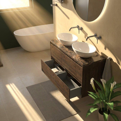 Saniclass Holz Pure Ensemble de meubles de salle de bains - 120x45x63cm - Plan de travail en pierre naturelle Noche dark emperador - sans trou de robinet - 4 tiroirs - chêne charcoal mat (bois)