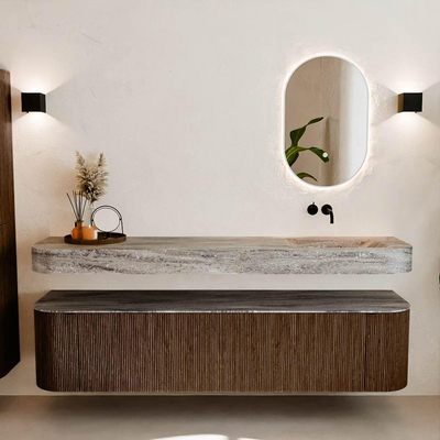 MONDIAZ THOR-DLUX 190cm badmeubel ronding links + rechts kleur Walnut met 2 lades en 2 deuren. Vrijhangende wastafel CLOUD Rechts zonder kraangat kleur Oza.