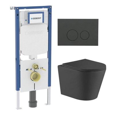 QeramiQ Dely Toiletset - 36.3x51.7cm - diepspoel - rimless - Geberit UP720 inbouwreservoir - softclose toiletzitting - bedieningsplaat mat antraciet - ronde knoppen - zwart mat