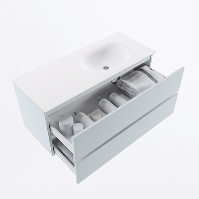 Mondiaz VICA ensemble de meuble de salle de bain - 110cm - meuble sous lavabo argile - 2 tiroirs - lavabo lune droite - 1 trou de robinet - version haute de 60cm - talc