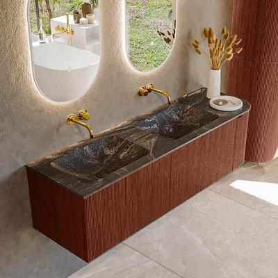 Mondiaz KURVE-DLUX Badkamermeubelset - 155x46x40cm - 2 lade - 1 deur - wastafel solid surface - dubbel / links - zonder kraangat - Ruby