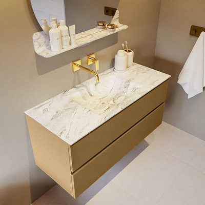 Mondiaz VICA-DLUX Ensemble de meuble de salle de bain - 110cm - meuble sous-vasque oro - 2 tiroirs - lavabo encastrée cloud milieu - sans trous de robinet - version haute de 60cm - glace