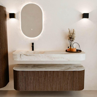 MONDIAZ THOR-DLUX 140cm meuble de salle de bains arrondi gauche + droite couleur Walnut avec 1 tiroir et 2 portes. Vasque suspendue CLOUD Gauche 1 trou de robinet couleur Frappe.