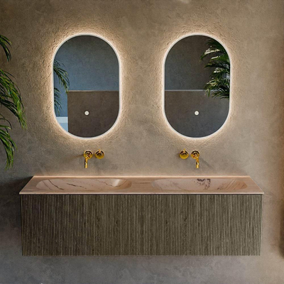 MONDIAZ KURVE-DLUX Meuble de salle de bains 150 cm couleur Shadow avec 2 tiroirs et 0 portes. Plan vasque STOR SMALL Double sans trou de robinet Arena.